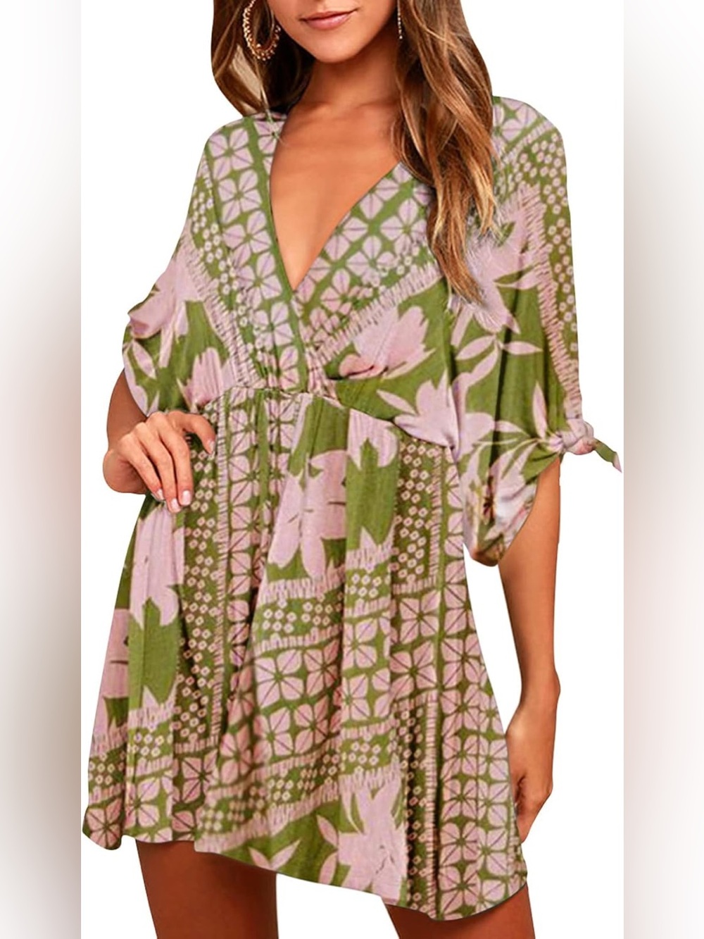 Green Pink Floral Empire Waist Tie Sleeve Boho Mini Dress 2XL